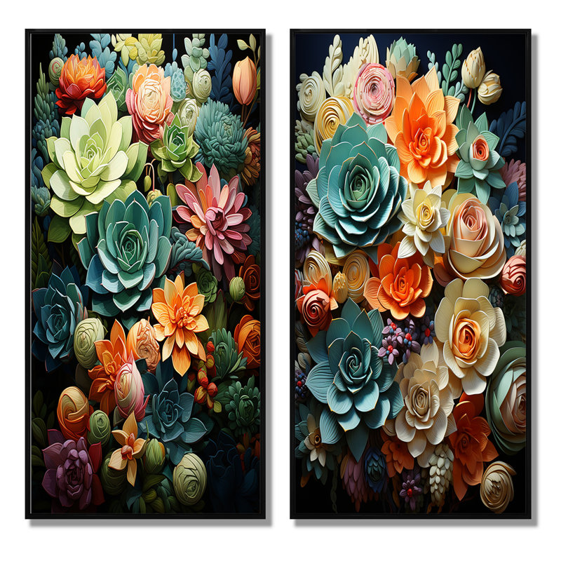«Green Balck Succulent Serenity», 2 pièces, H 20 po x l 24 po, Cadre noir