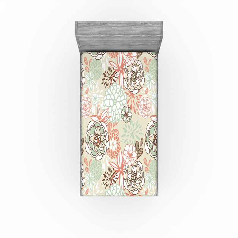 Drap-housse orange Ambesonne, Vert pâle / brun / pêche floral, Drap-housse pour lit simple TG