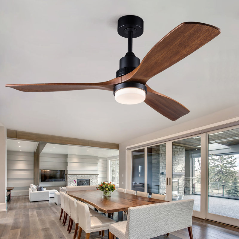 Ventilateurs de plafond de 52 pouces avec lumières et télécommande, ventilateur de plafond extérieur pour patio, ventilateur de plafond noir avec lumières pour chambre à coucher, moteur à courant continu silencieux, 3 pales en bois massif à DEL à intensité variable
