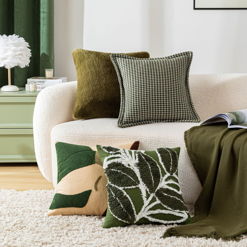 Housse de coussin en lin touffeté, housse de coussin en fausse fourrure, taie d'oreiller Green Thousand Bird Grid, 18 x 18 pouces, ensemble de 4