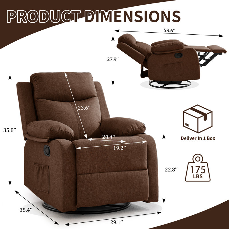  Recliner Chair, 360° Swivel Rocker Recliners For Living Room, Small Recliner For Small Spaces, Fabric Manual Recliners With Side Pockects