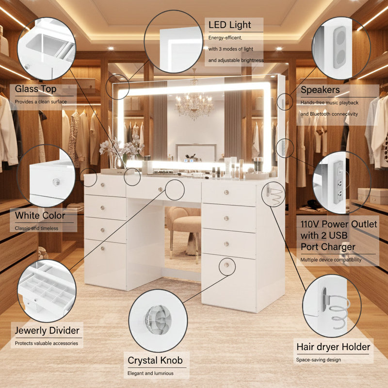 Boahaus Elizabeth Extra-Large Smart Makeup Vanity With LED Mirror, Bluetooth Speakers & Charging Station
