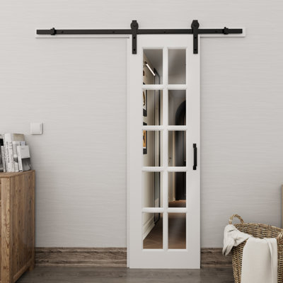80'' H Glass and Manufactured Wood White Sliding Barn Door with Installation Hardware Kit(No Assembly Required)