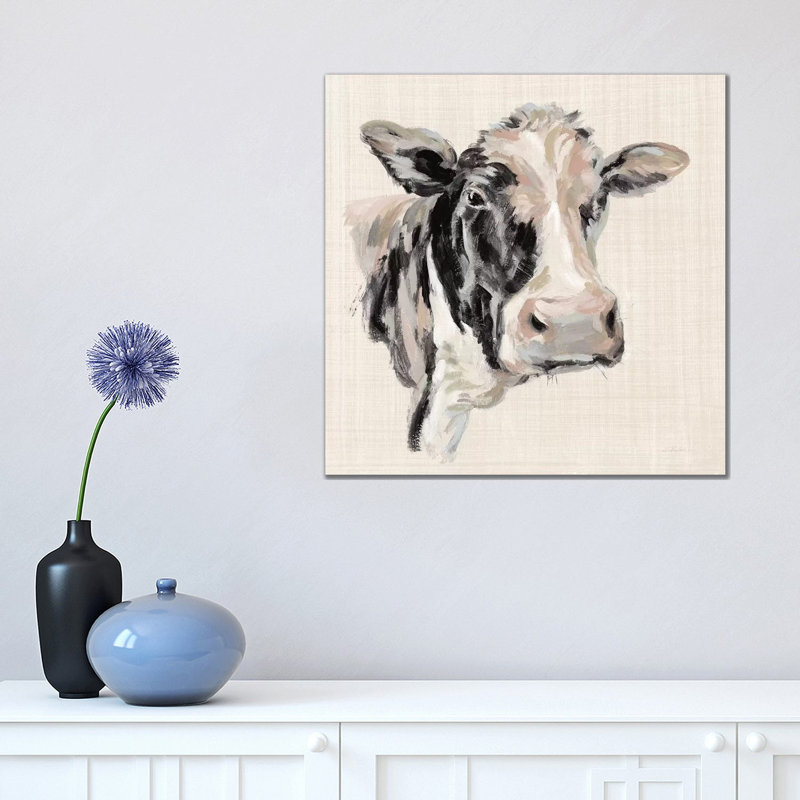 «Expressionistic Cow I Neutral Linen» par Silvia Vassileva - impression d'art graphique, H 18 po x l 18 po x 1,5 po