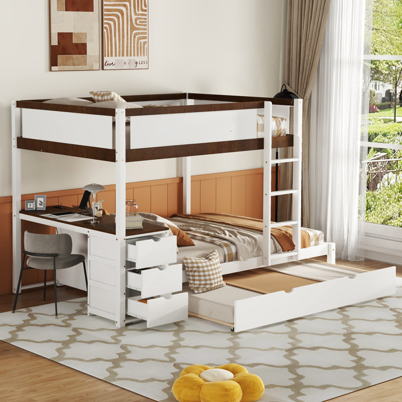 Lit superposé avec lit gigogne simple, blanc + noyer, prises de charge de bureau, garde-corps pleine longueur pour lit gigogne dans le lit, pieds en pin massif durables