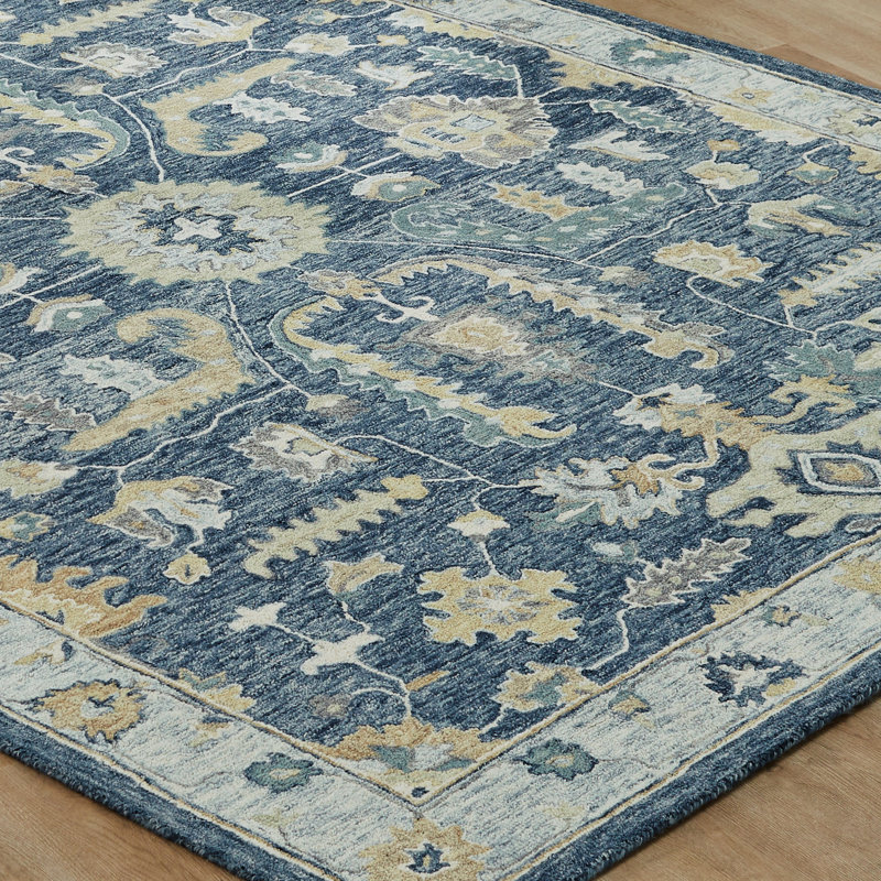 Sundara Botanique Indigo Crest Wool Hand-Tufted Area Rug, Rectangle 9'6" x 13'6"