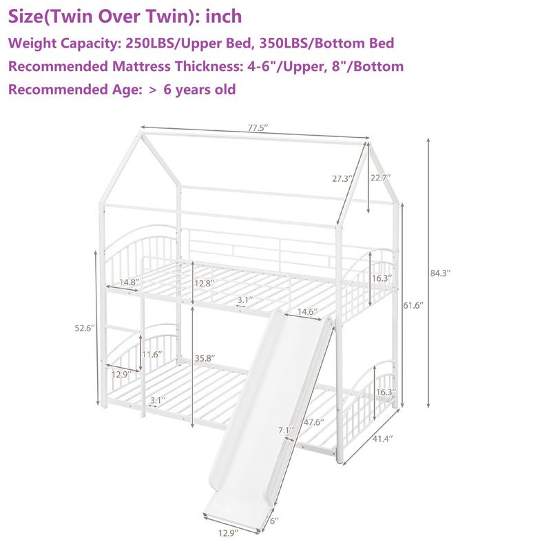 Twin Over Twin Metal Bunk Bed, Convertible Into Two Separate Small Beds, White