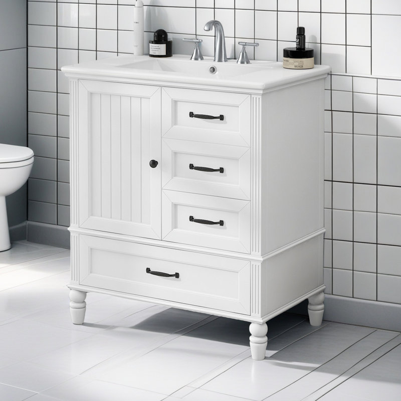 Meuble-lavabo de 30 po avec lavabo, armoire de salle de bain avec porte, trois tiroirs, pieds en bois massif et panneau de fibres à densité moyenne, patins réglables, blanc
