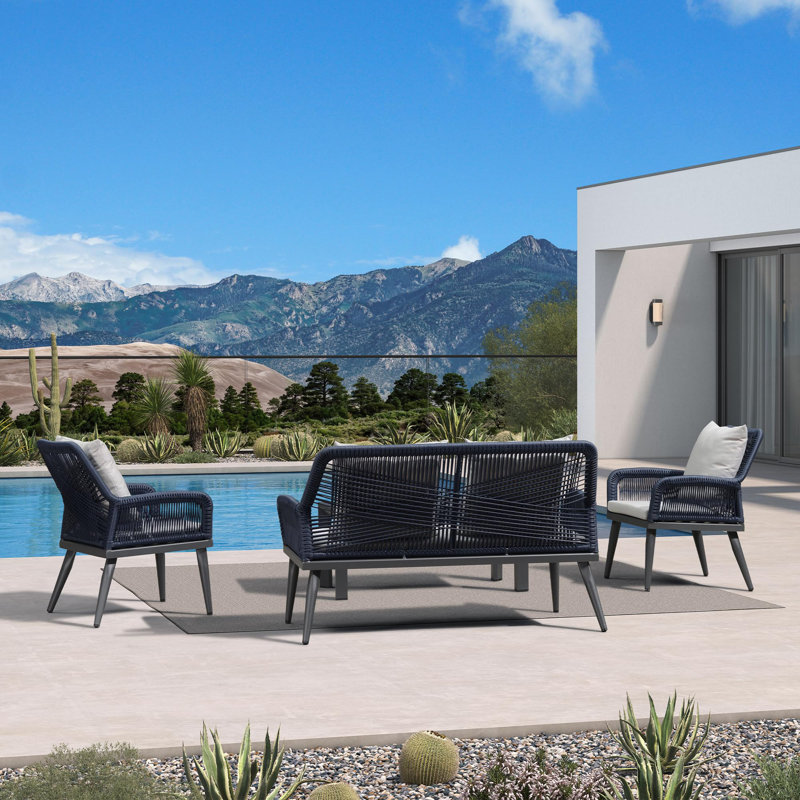 4-piece Patio Conversation Set – Wicker Outdoor Furniture With Aluminum Table, 3 Rattan Chairs For 4 People, Thick Sofa Cushions, Ideal For Garden, Backyard, Lawn, Or Poolside, Champagne