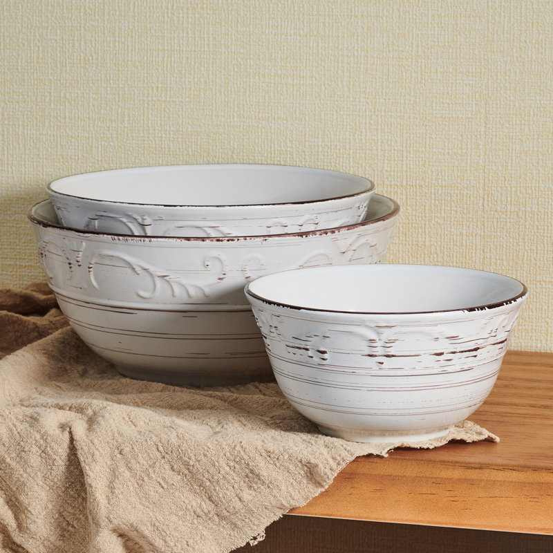 White Ceramic Rustic Patterned Serving Bowl Set of 3