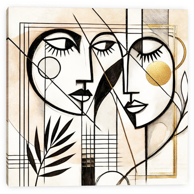 “Reflections in Gold” Wrapped Canvas Wall Art – Abstract Dual Faces with Botanical Geometry