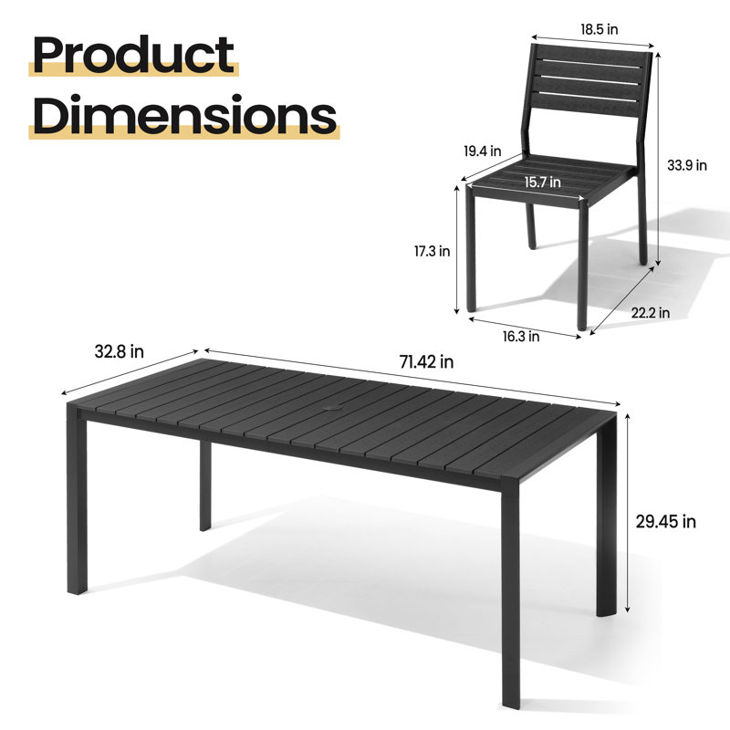 6 - Person 71.5'' W' X 33'' D Aluminum Patio Dining Set With Umbrella Hole And Stackable Chairs, Black