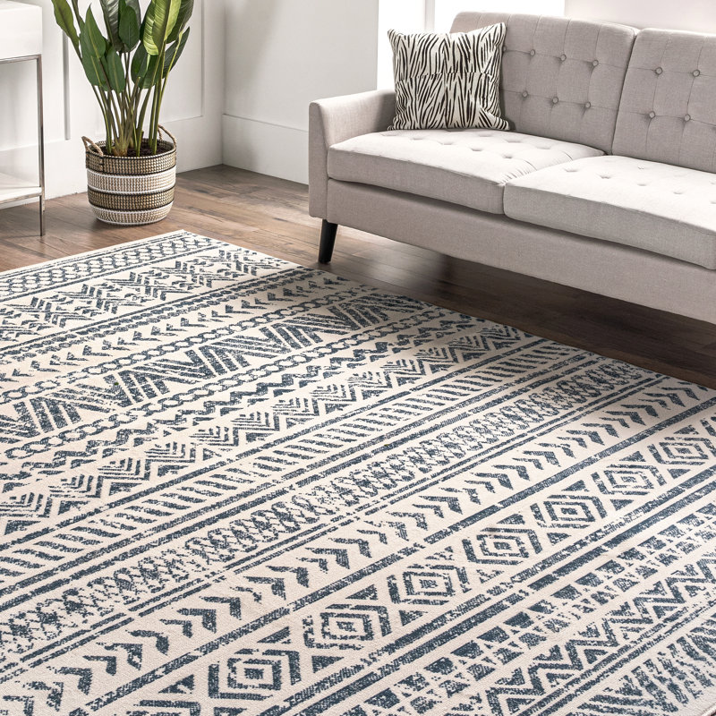 Tapis tribal Akiles pour le salon, la chambre et la cuisine, bleu / ivoire, Rectangle 6 pi 7 po x 9 pi