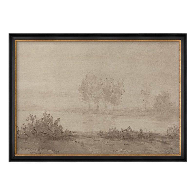 "Misty Landscape River Serene Trees In Fog Illustration Impressionism", art mural encadré, Non