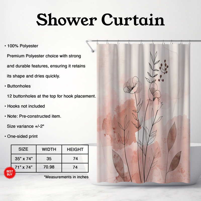 Rideau de douche standard 1 pièce Organic Blush Florals, H 74 po x l 71 po