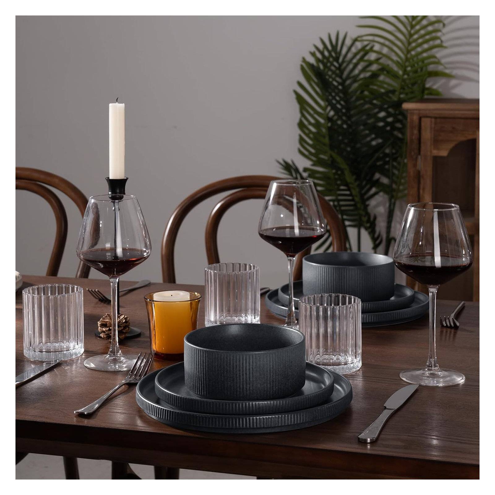 Stoneware Dinnerware Set, Service for 4, Matte Dark Charcoal