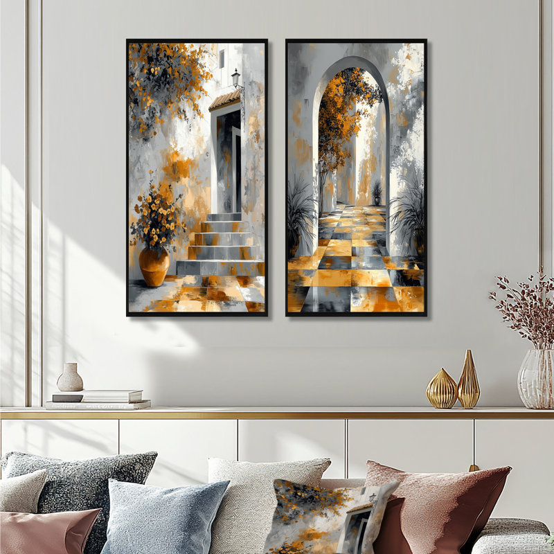 Orange orange andalou Allure Grèce porte I - ensemble d'art mural 2 pièces Grèce, H 28 po x l 24 po, Cadre flottant noir