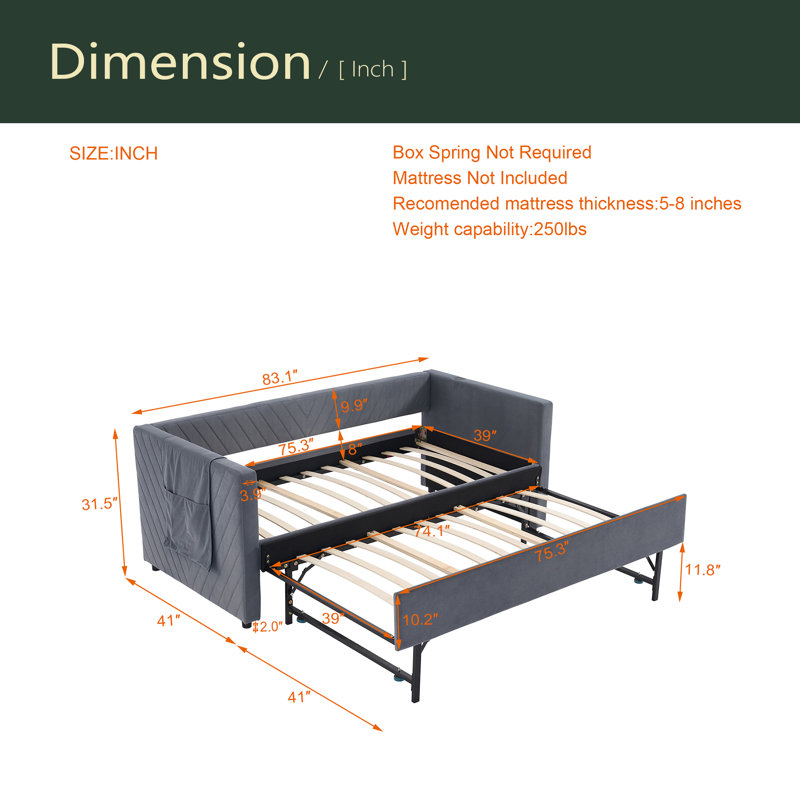 Twin Size Upholstered Daybed With Trundle,USB Port ,Side Pockets, Modern V-Grained Backrest Design,No Box Spring Needed, For Bedroom, Guest Room