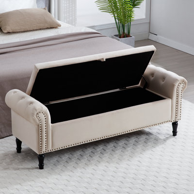 67" Storage Bench for Bedroom End of Bed King Size with Tufted Seat and Nailhead Trims Roll Arms