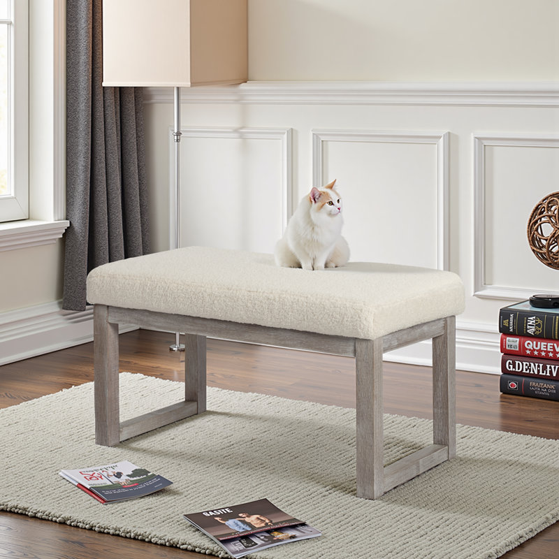 Banc repose-pieds rectangulaire de 27 pouces de largeur, tabouret en sherpa crème avec structure en bois massif, banc rembourré pour le salon, la chambre à coucher et le vestibule