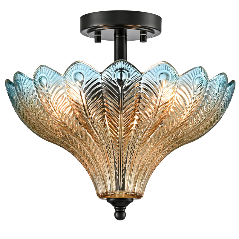 3-Light Black Ceiling Light with Blue & Amber Feather Glass Shade