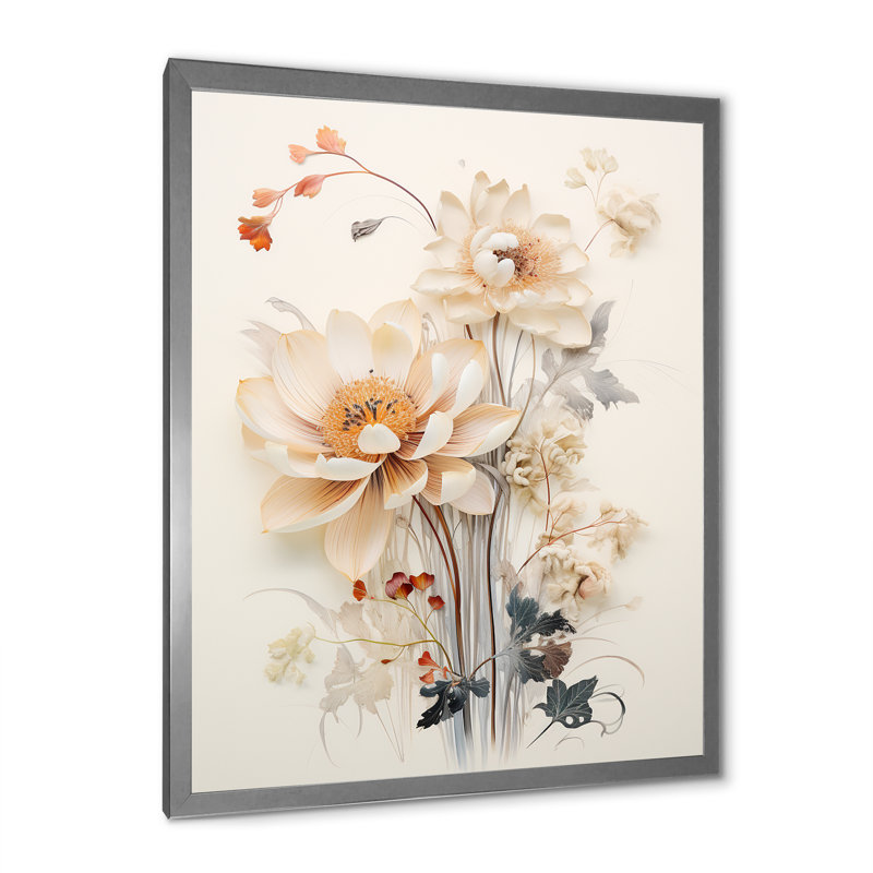 " Beige Flowers In Full Bloom V ", 32" H x 24" W x 1" D, Silver Picture Framed