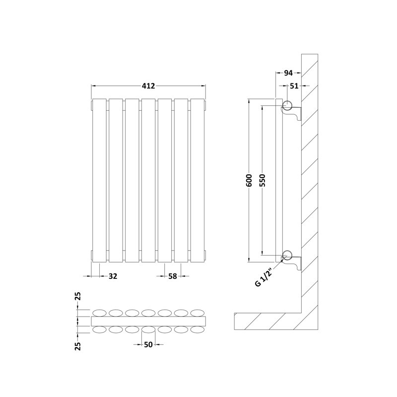 Revive Vertical Designer Radiator, 60cm H x 41.2cm W x 7.8cm D, Grey