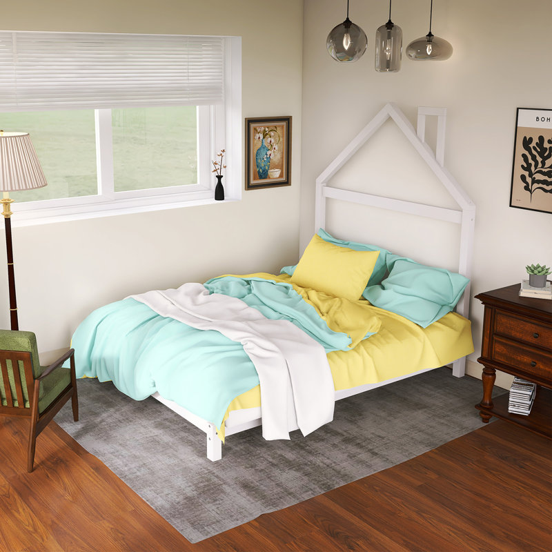 Lit plateforme double en bois massif avec tête de lit en forme de maison, Blanc