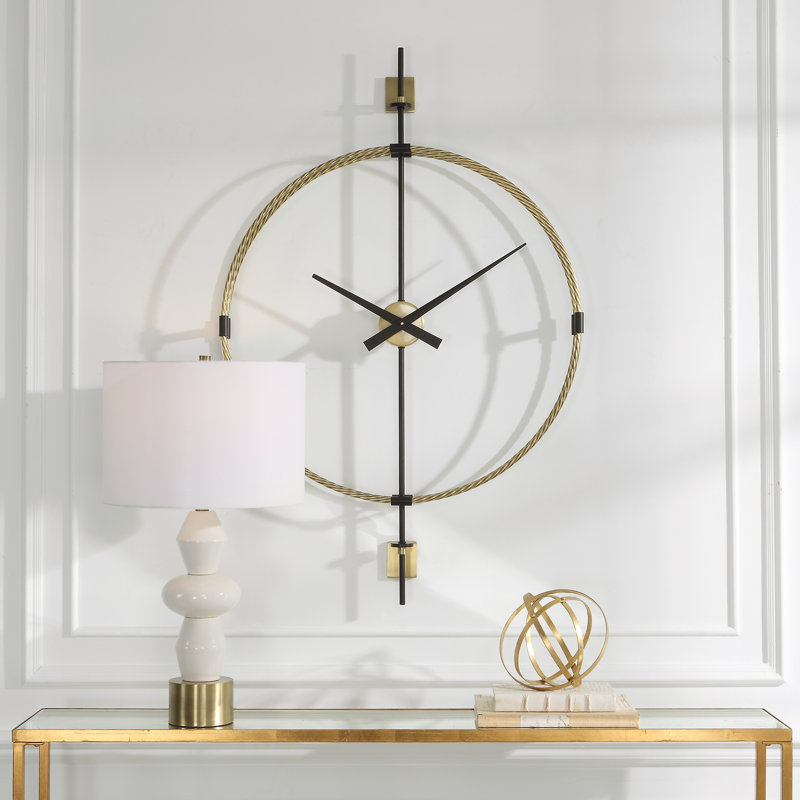 Mid-Century Modern Brass and Black Metal Wall Clock