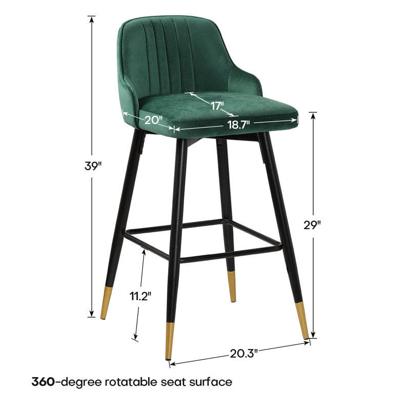 Swivel Upholstered 26"/29" Counter & Bar Stool With Solid Metal Frame and Velvet Back, Green, Bar Stool (29" Seat Height)