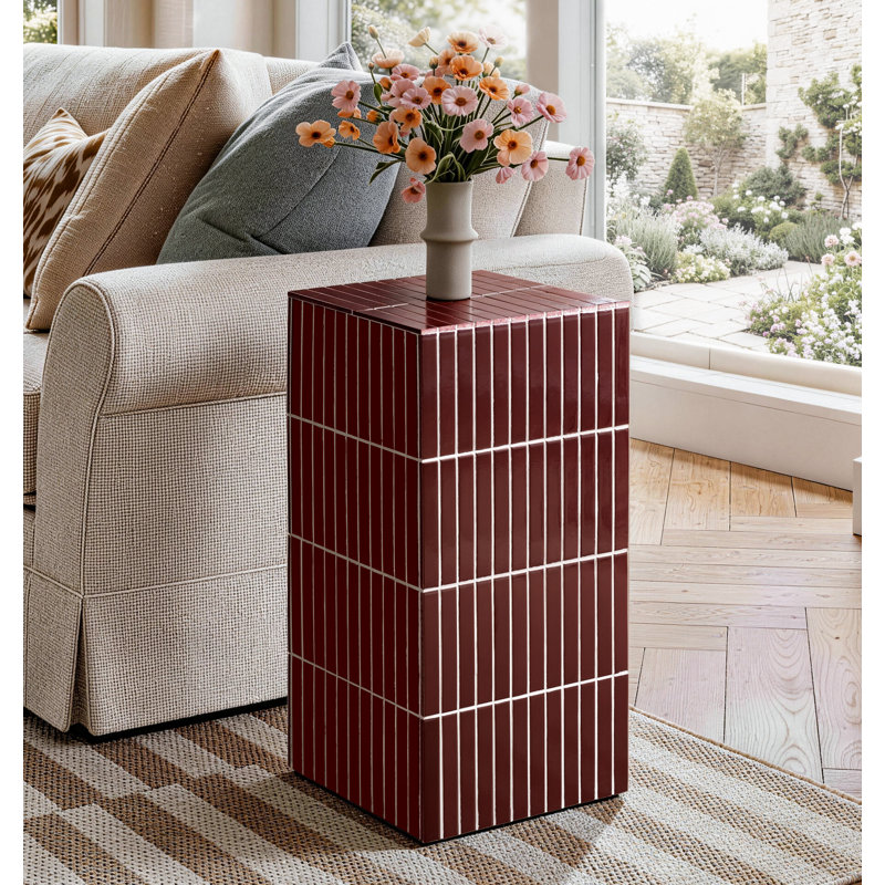 Claverton Modern 23.6" Tiled Red End Table, Mosaic Pedestal Block Side Table for Living Room, Red