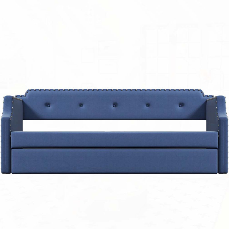 Upholstered Daybed With Trundle, Wood Slat Support,Upholstered Frame Sofa Bed, Blue