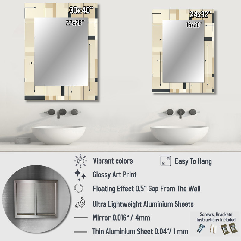 Beige et gris Minimalist Grid Harmony - grand miroir mural géométrique, miroir géométrique unique, impression d'art en métal