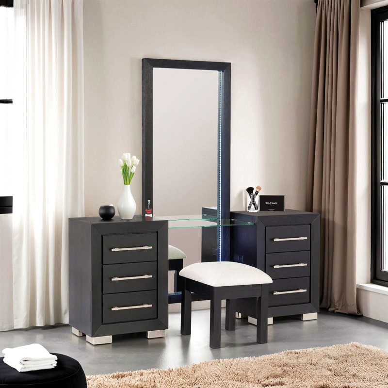 Contemporary Style 1Pc Vanity W/ Stool Metal Legs Usb Port Ball Bearing Glides Glass Top Full Length Mirror Black Finish Bedroom Furniture