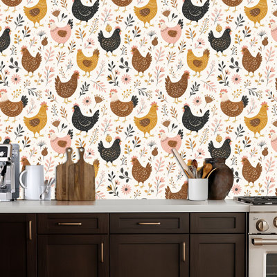 Peel and Stick Wallpaper Seamless Colorful Roosters Hens Botanical Elements Contact Paper Removable Self Adhesive Wall Mural Wall Decor for Bedroom Kitchen Cabinets 17.7in x 118in