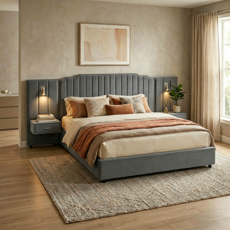 Lit en velours capitonné vertical très grand moderne avec 2 tables de chevet intégrées, lampes de lecture réglables et large tête de lit à oreilles