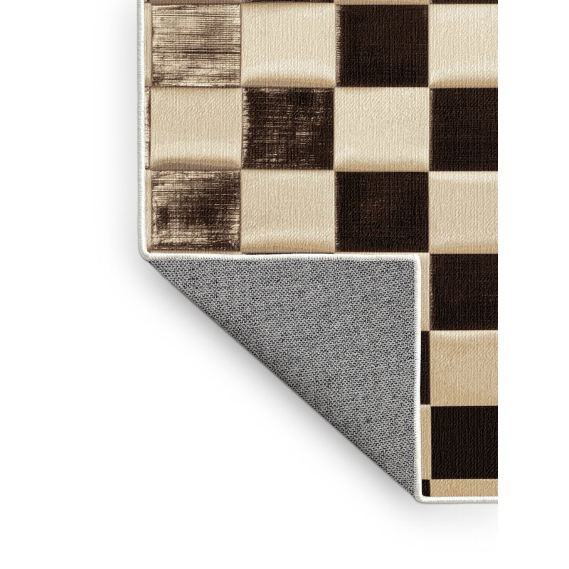 Tapis beige à carreaux lavable à la machine, Rond 6 pi