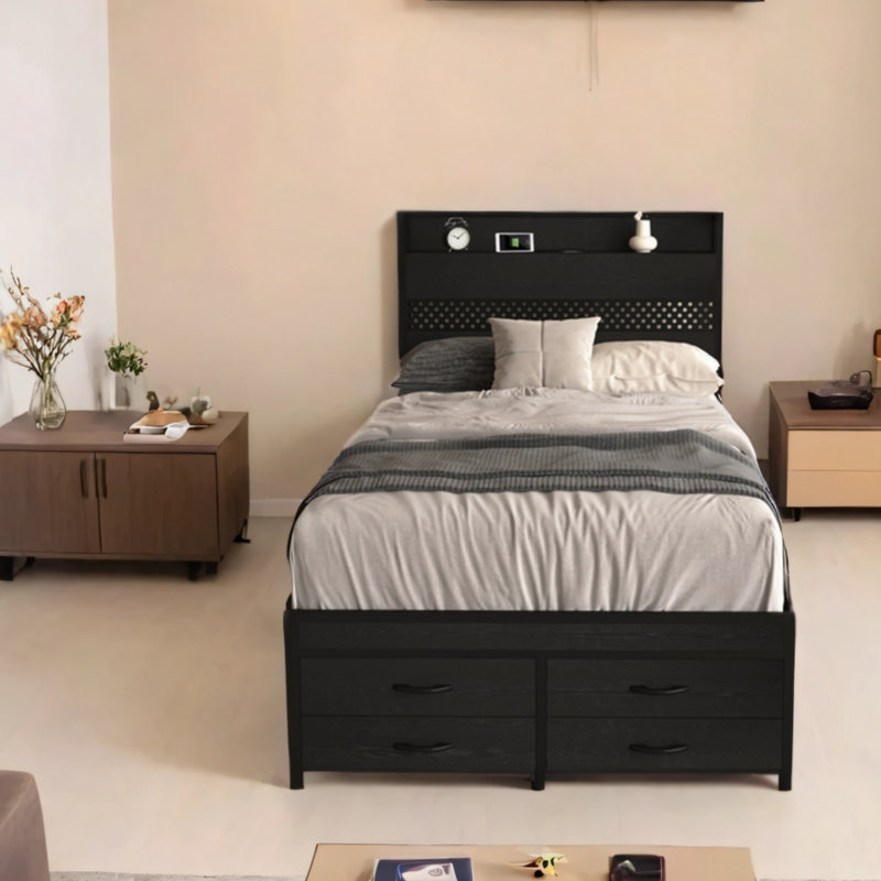 Base de lit plateforme simple en métal noir avec tête de lit et tiroirs de rangement sans sommier 