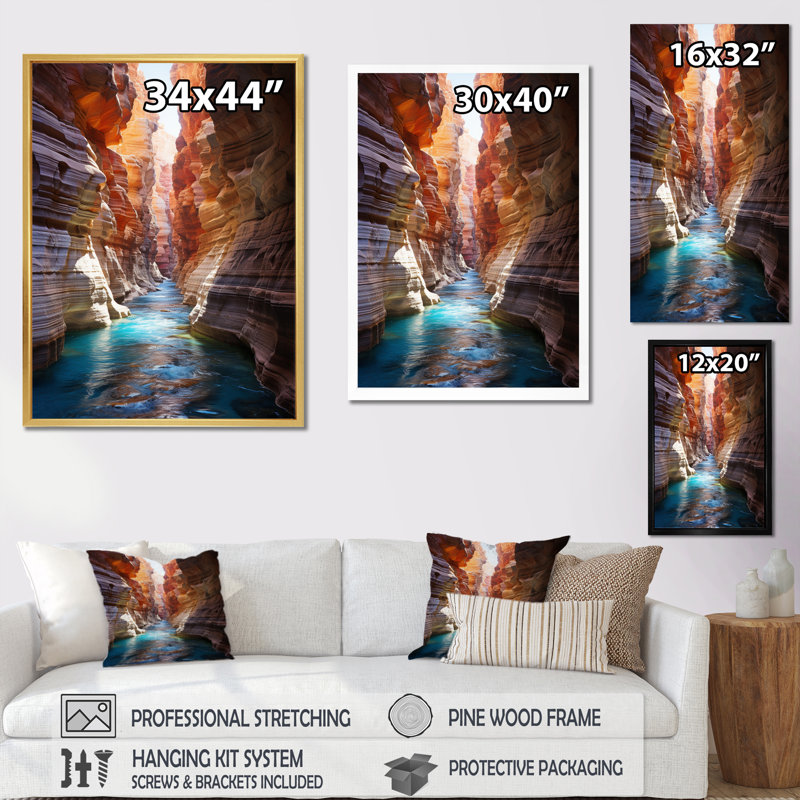 Canyon antilope turquoise, gouttes - art mural Canyon, H 20 po x l 12 po x P 1 po, Cadre flottant noir