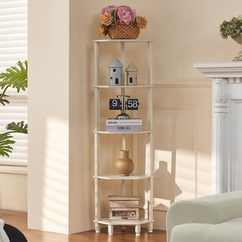 5-Tier Corner Shelf with Sturdy 5-Leg Base, Wooden Corner Bookshelf for Small Spaces, Wooden Plant Display Shelf, Thin Bookshelf for Living Room, Bedroom, Office (Grey White)