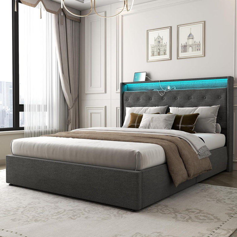 Dark Gray Queen Upholstered Hydraulic Storage Bed with LED Headboard
