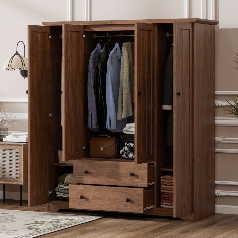 Armoire penderie 4 portes avec 2 tiroirs, Brun