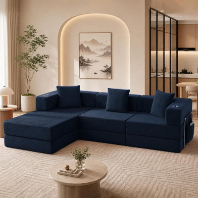 Canapé modulaire modulaire, canapé en velours côtelé en L de 108 po avec assise profonde, coussin nu désossé, canapé-lit modulaire à structure fixe pour le salon, sans assemblage requis (bleu)