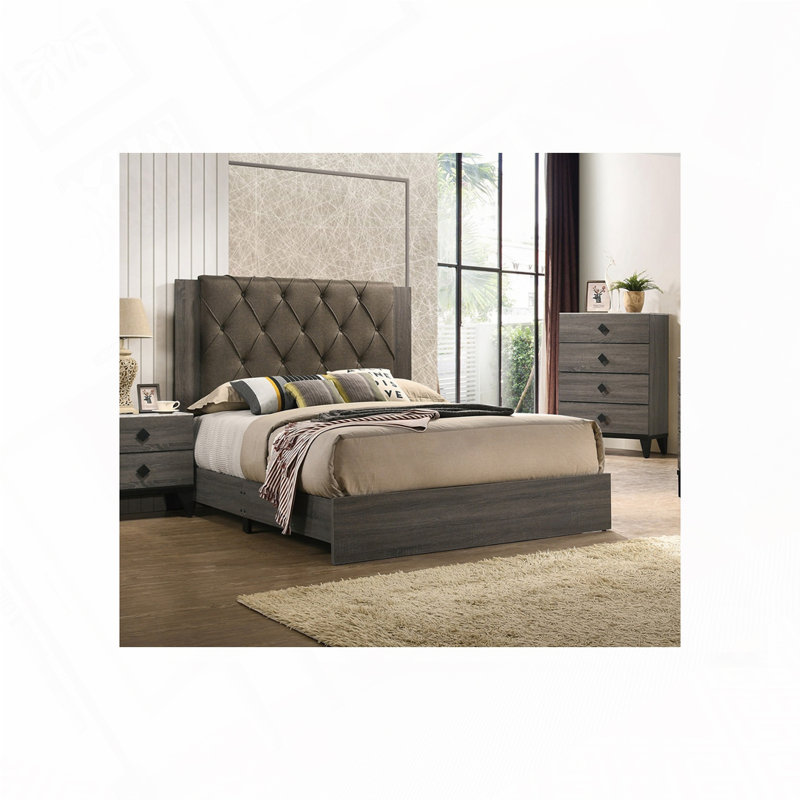 Rubberwood Frame Upholstered Bed, Gris / brun