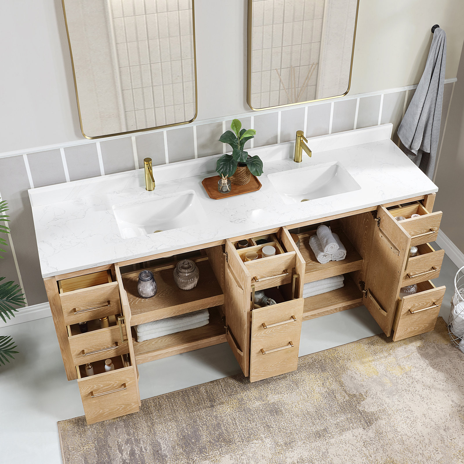 Cloverfield 84'' Double Bathroom Vanity, Gold, Washed Ash Gray
