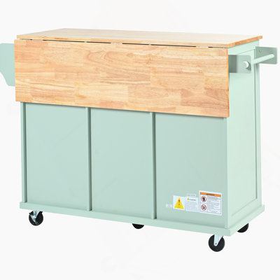 Chariot de cuisine avec comptoir à abattants en bois d'hévéa, 5 roulettes avec armoire de rangement et 3 tiroirs