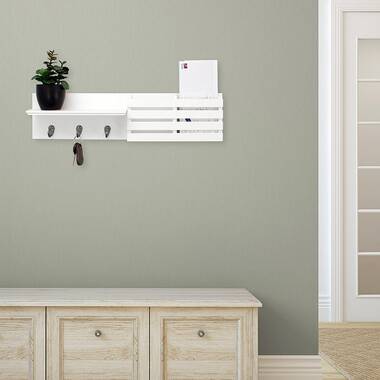 Wall Mounted White Floating Shelf With Key Holder Hooks