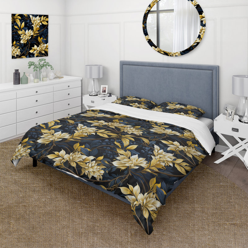 Literie jaune et bleu à motif de plantes tropicales II, Housse de couette simple + 1 taie décorative stan
