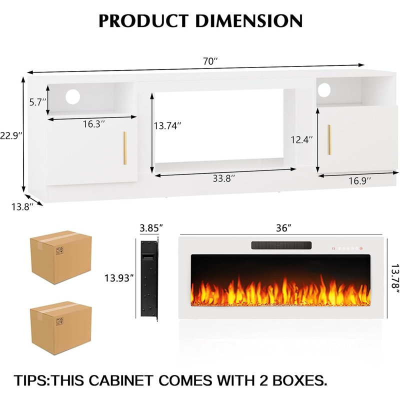 Alazik TV Stand for TVs up to 78" with Fireplace Included, White/White