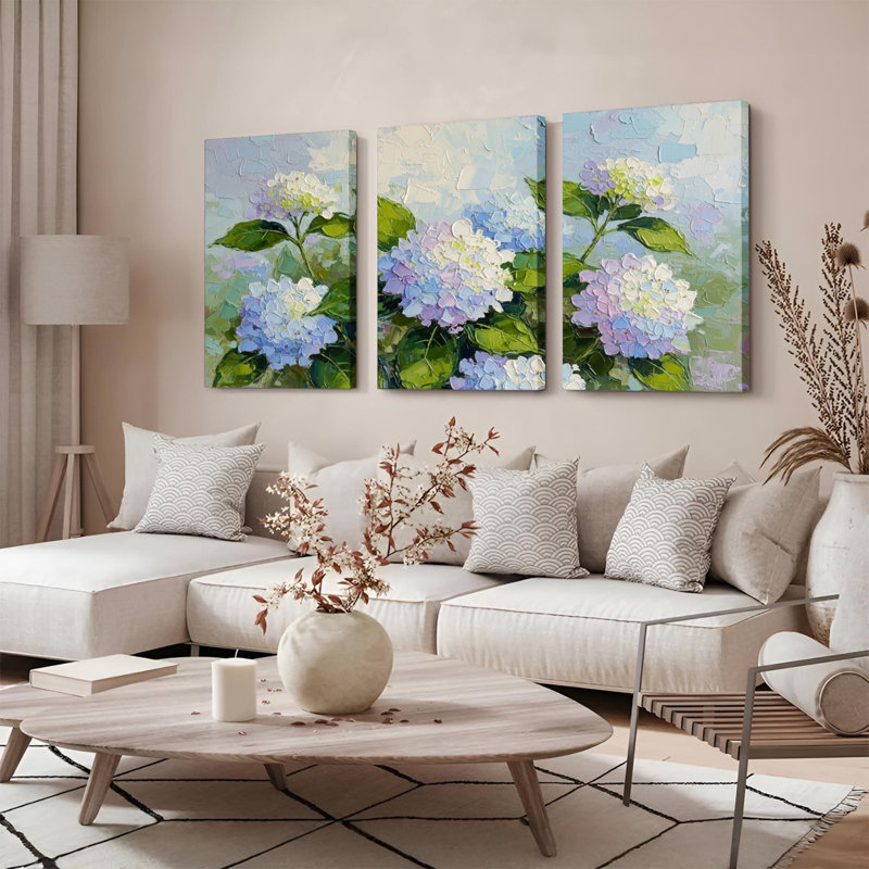 Ensemble de 3 panneaux de toile tendue à motif floral d'hortensias, décoration murale moderne pour salon ou chambre.